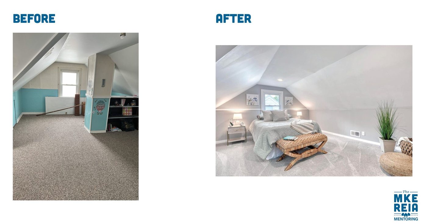 A before and after photo of an attic bedroom.