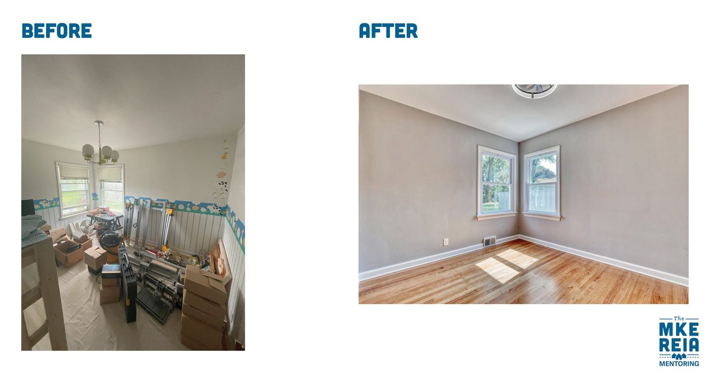 Before and after photos of a bedroom renovation