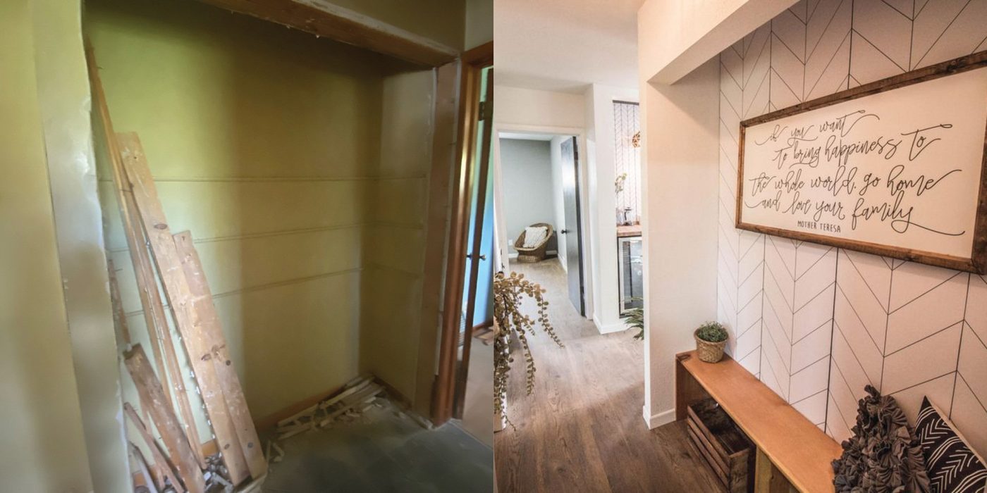 A before and after photo of a closet and a hallway.