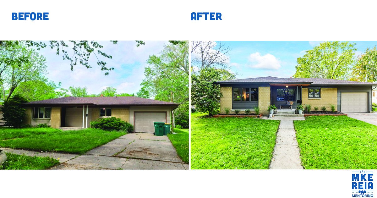 There is a before and after picture of a house.