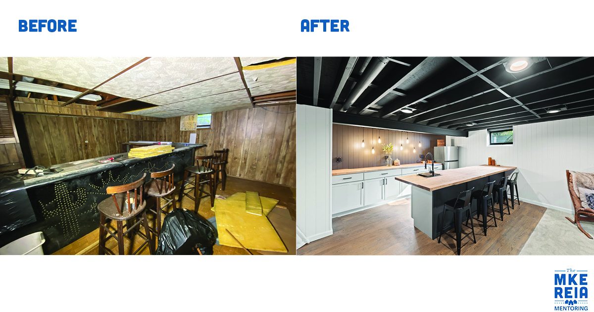 A before and after photo of a basement bar and kitchen.