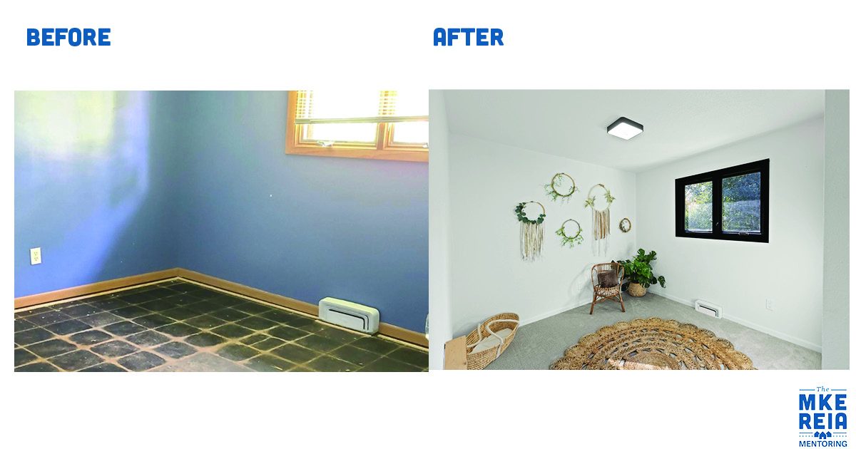 A before and after photo of a room with a rug