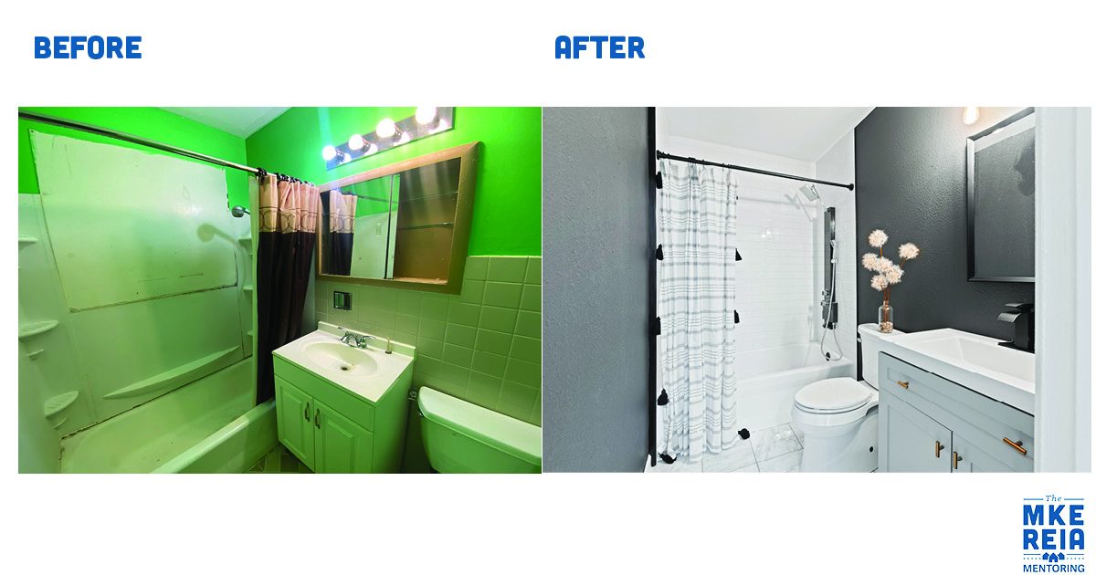 There is a before and after picture of a bathroom.