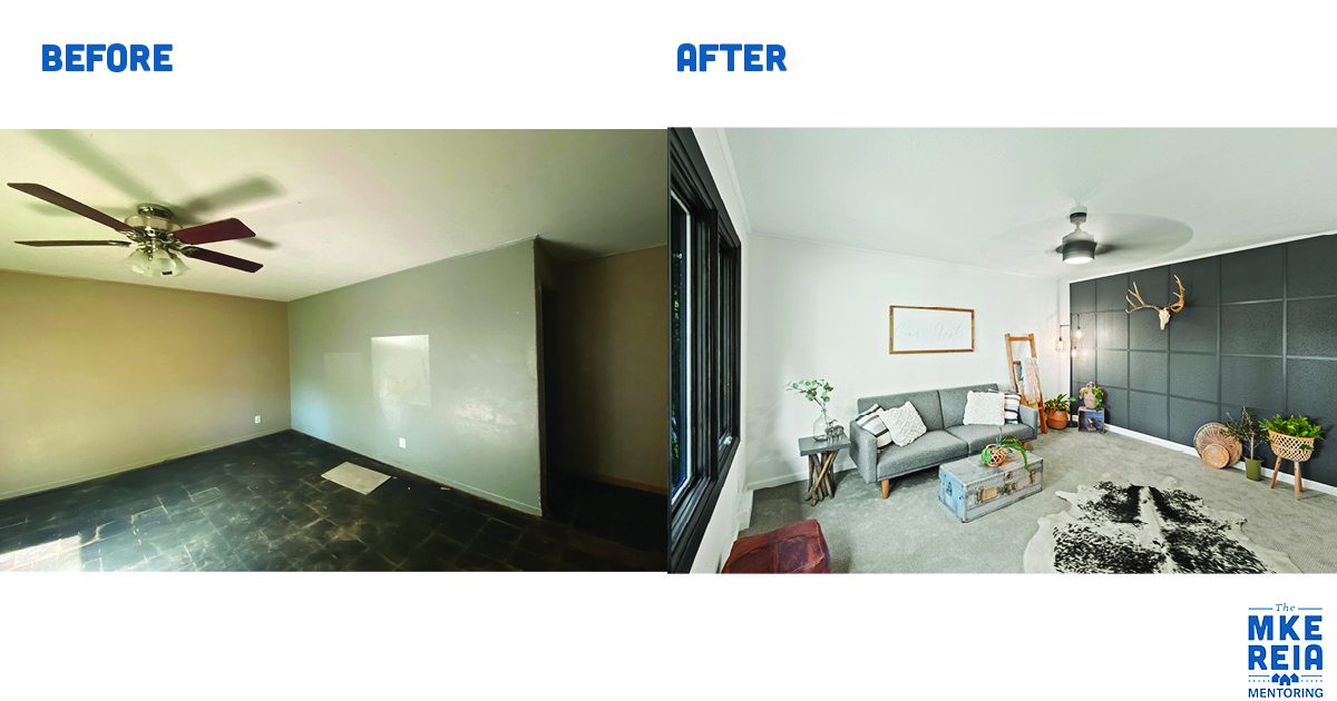 A before and after photo of a living room with a ceiling fan.
