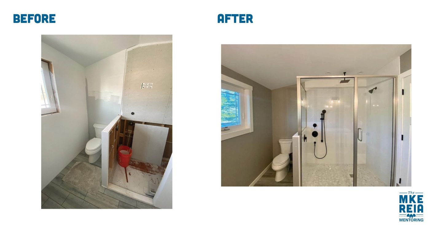 A before and after picture of a bathroom with a toilet and shower.