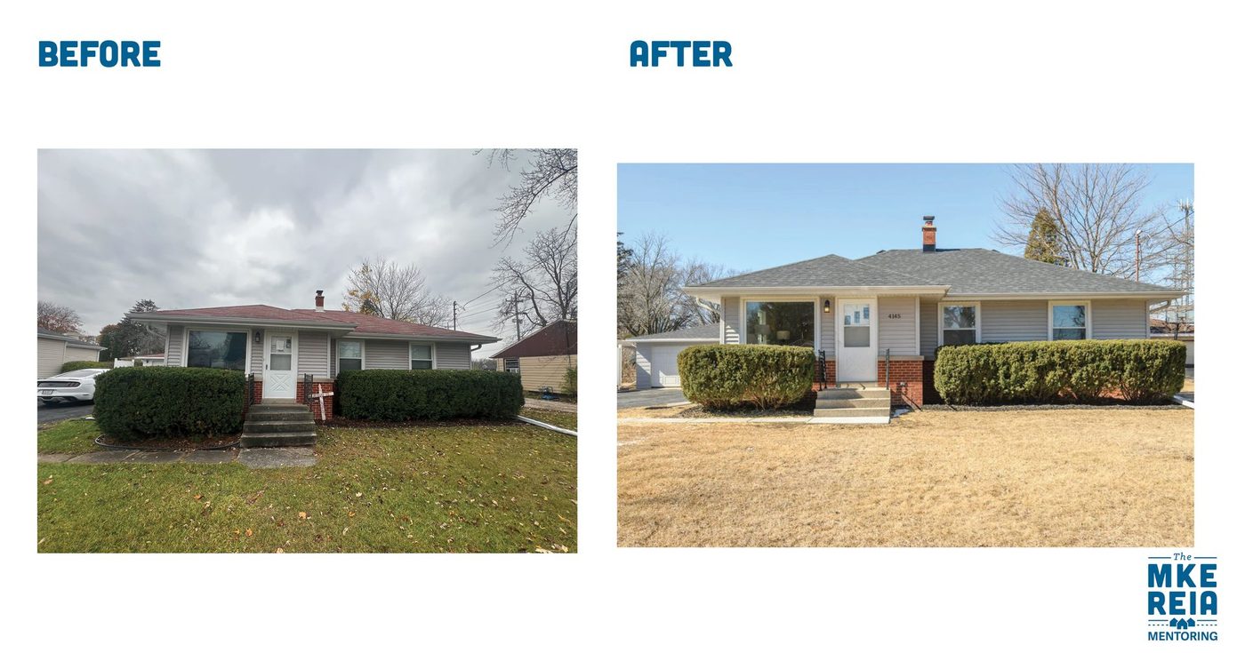 Before and after photos of the front of a ranch house