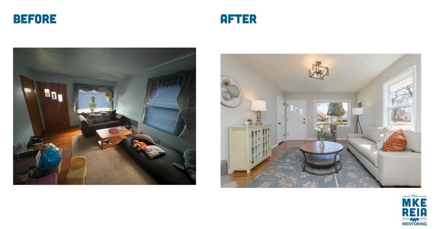 Before and after photos of a living room