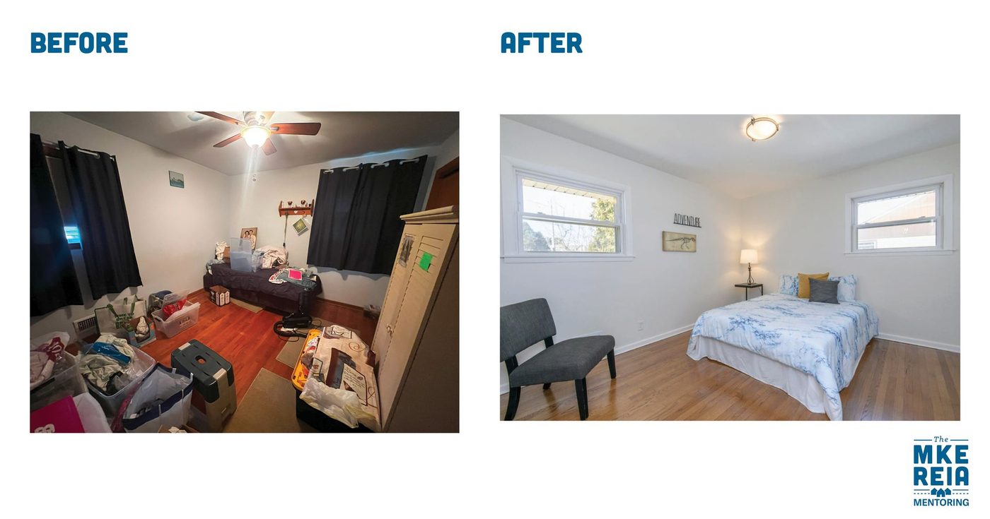 Before and after photos of a bedroom