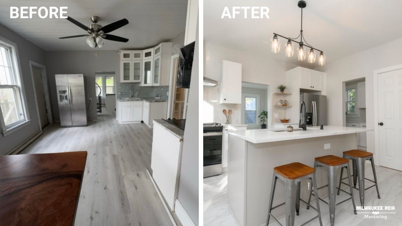 Before and after photos of a kitchen with an island