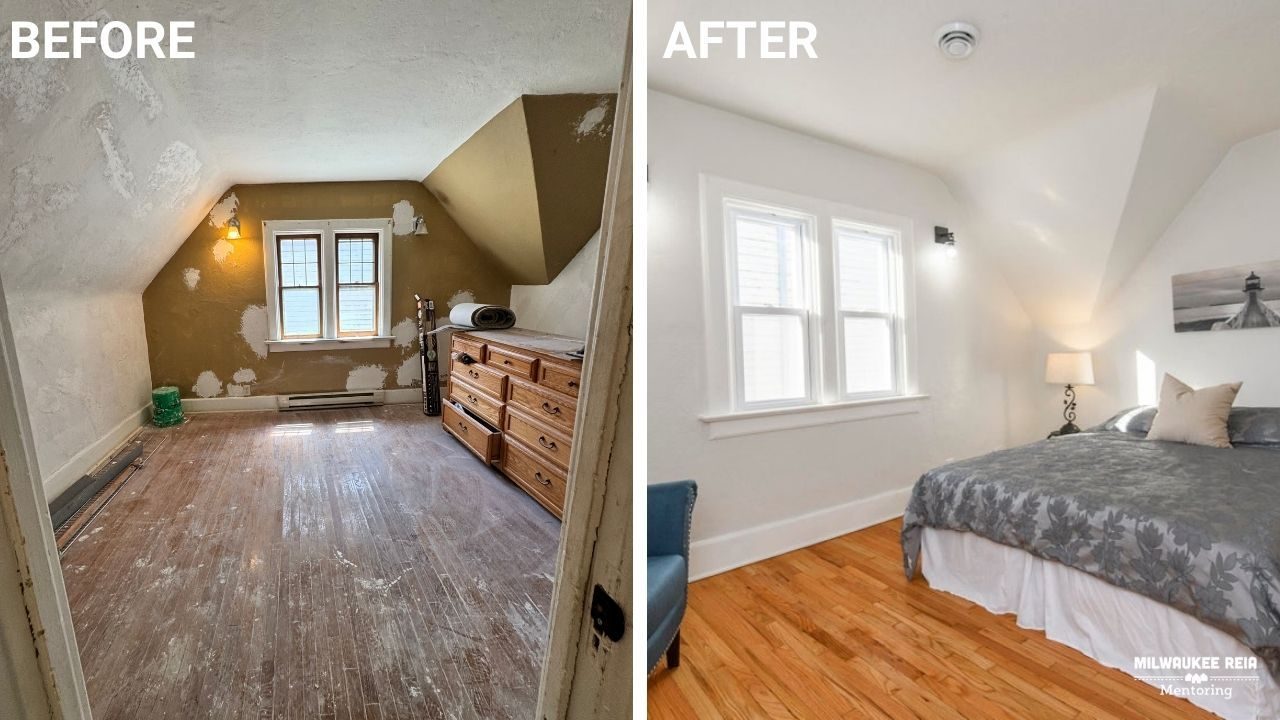 Before and after photos of an upstairs bedroom