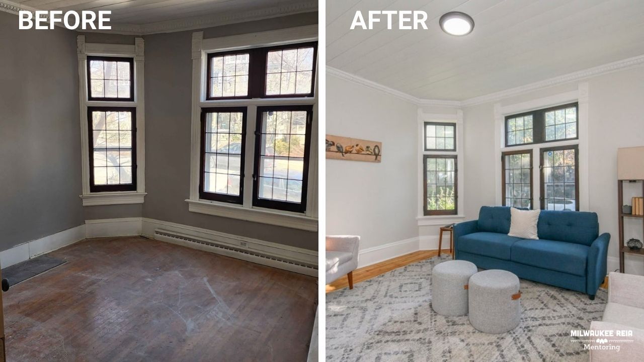 Before and after photos of a living room with tall windows