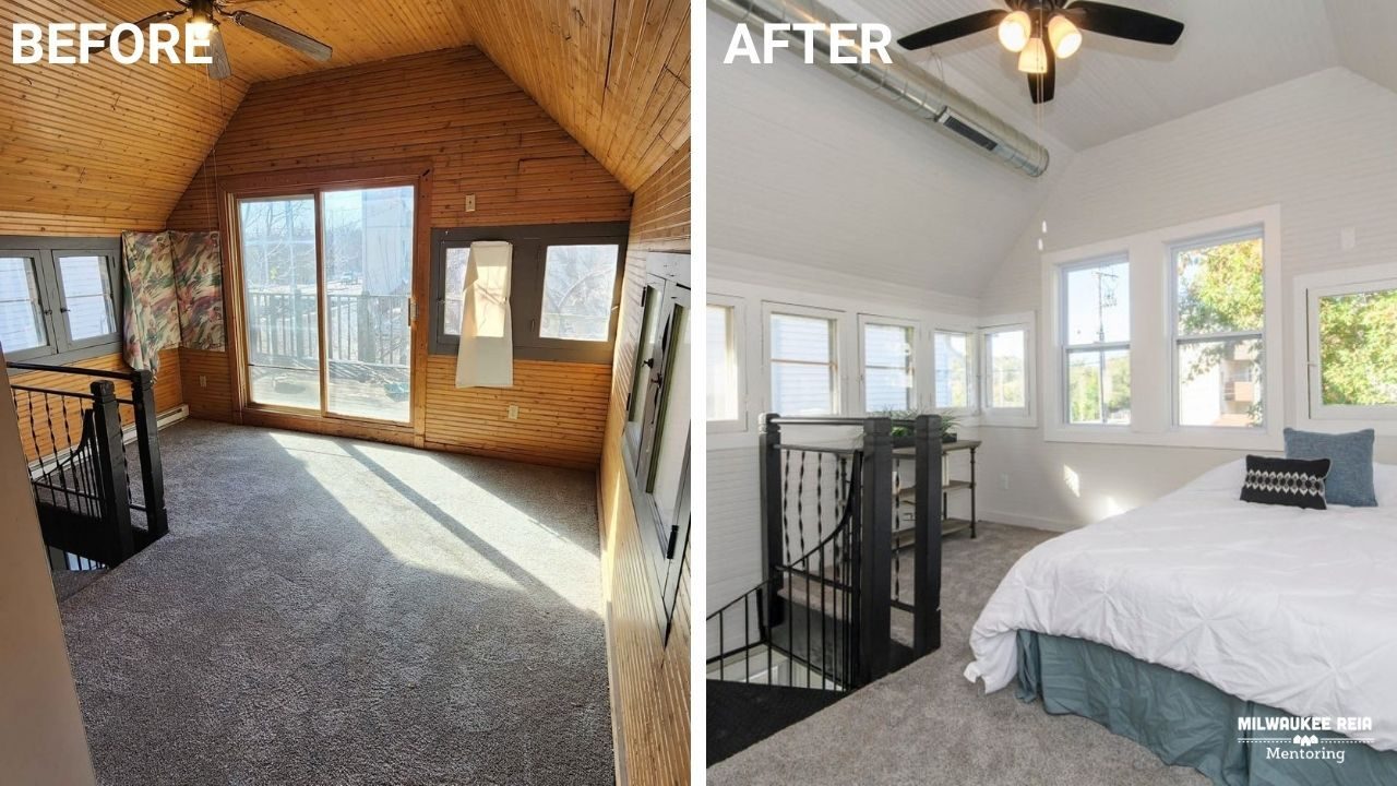Before and after photos of an attic bedroom