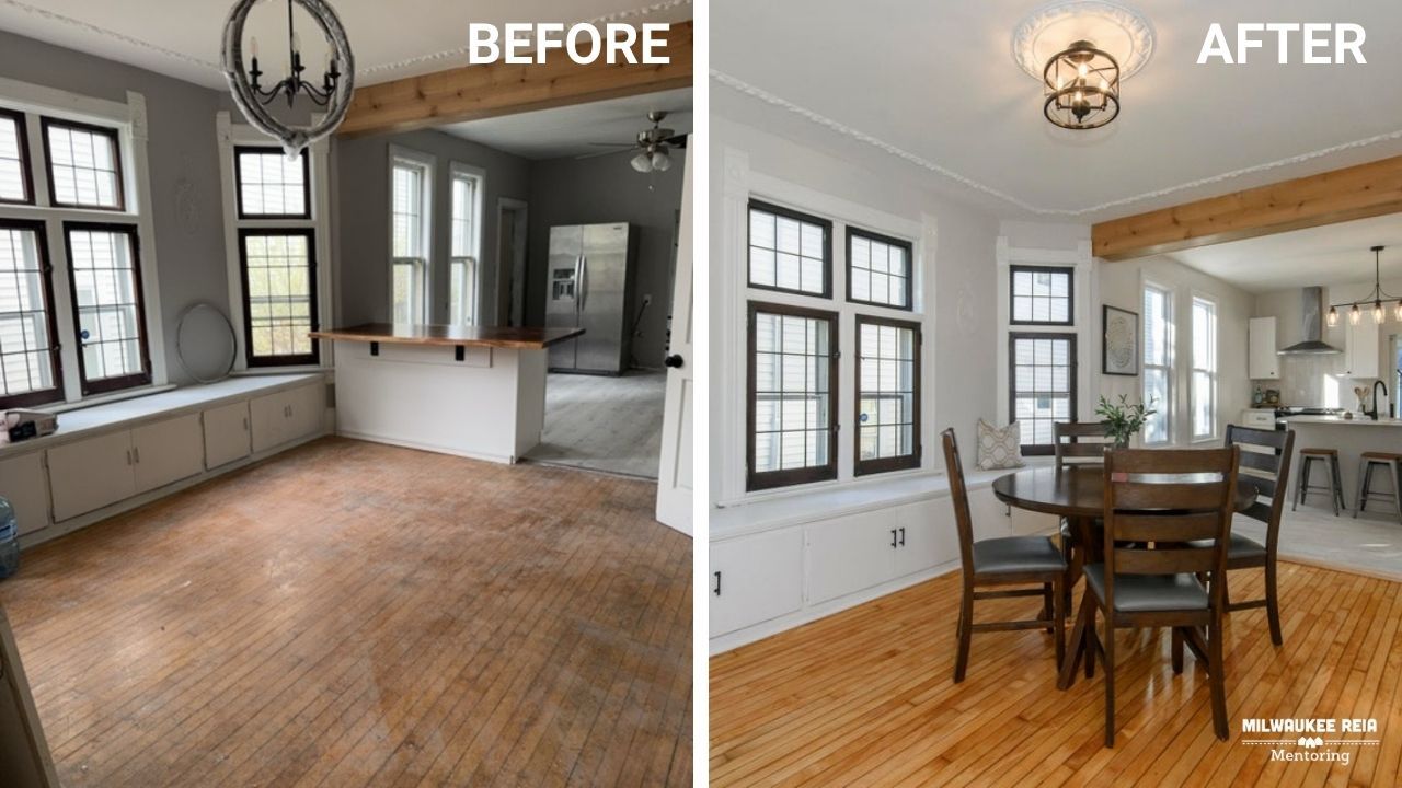 Before and after photos of a dining room