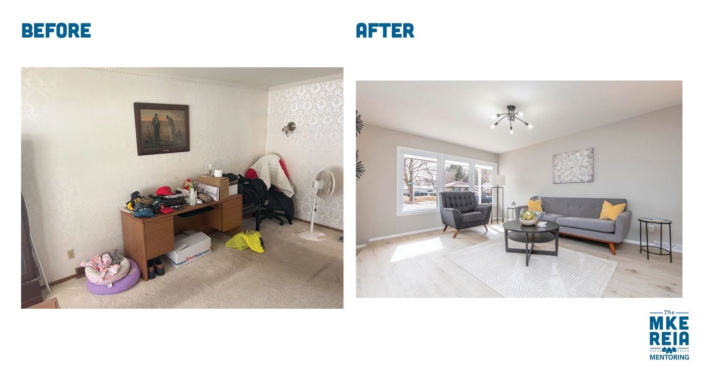 A before and after photo of a living room.