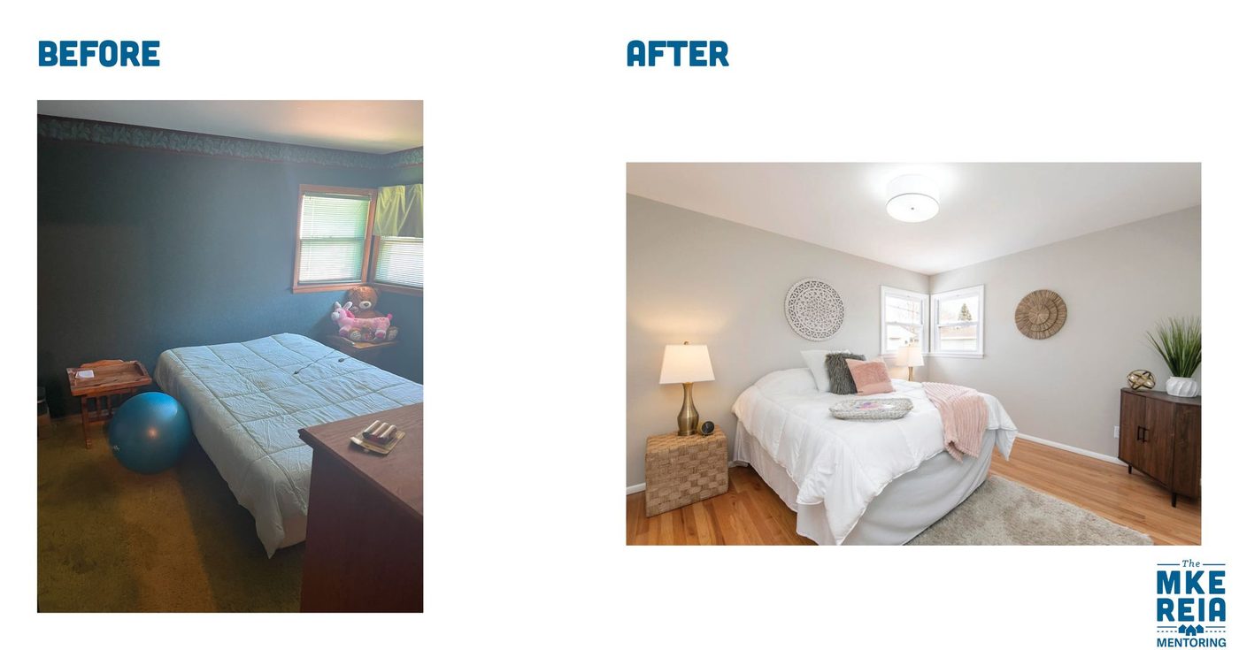 A before and after photo of a bedroom with a bed and a window.