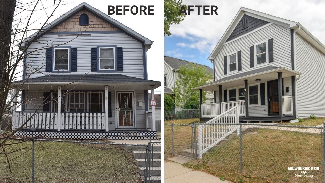 Before and after photos of the front of a two story house