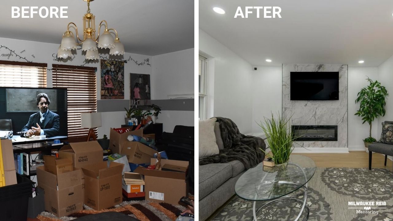Before and after photos of a living room