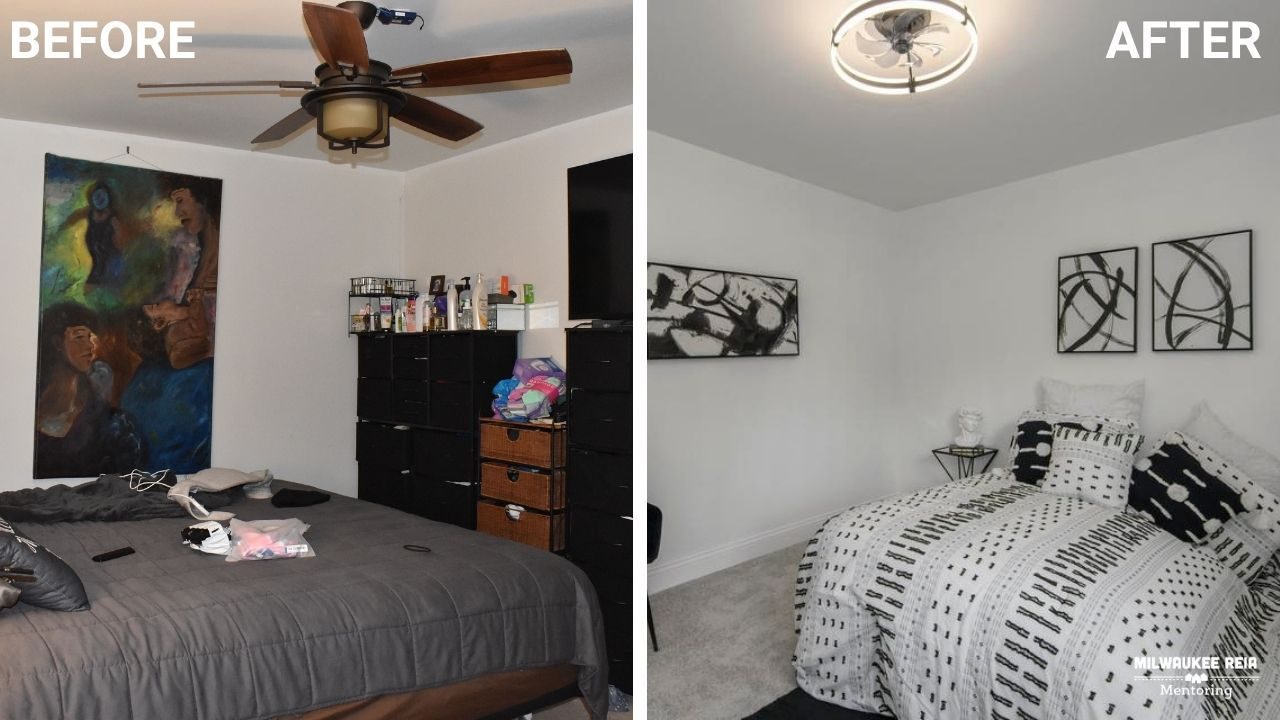 Before and after photos of a bedroom